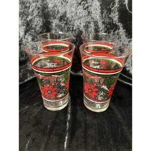 4 Coca Cola Seasons Greetings Holly + Poinsettia Stained Libbey Glasses Xmas